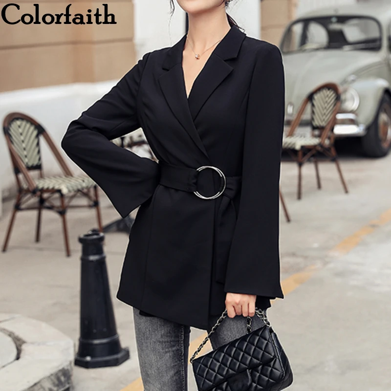 Женский блейзер с карманами Colorfaith модный офисный черный пиджак поясом в