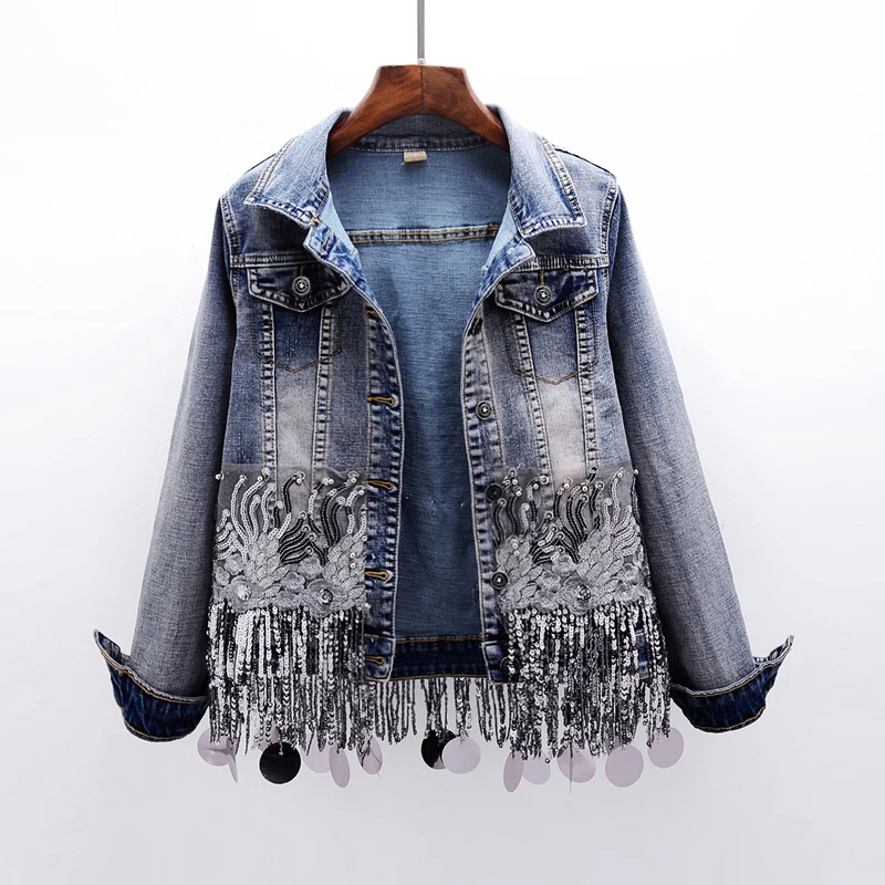 2020 блестки бисером бахрома подол с длинным рукавом шикарный топ джинсовая куртка