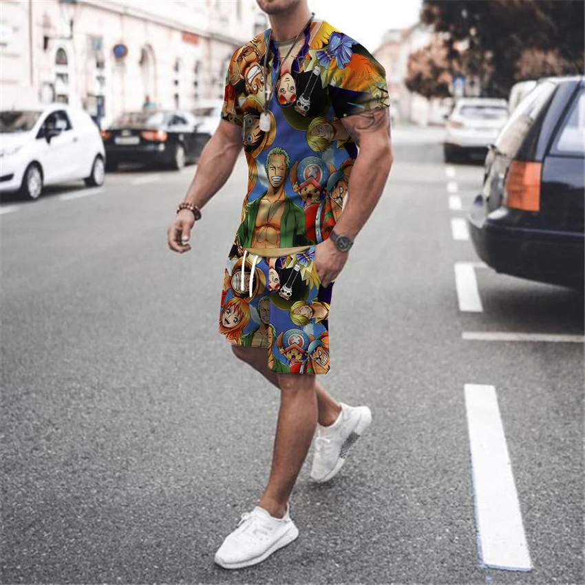 

Pirate king fanatical action T-shirt Joba Luffy short sleeve Riman 3D digital printing fashion loose sports couple T-shirt set