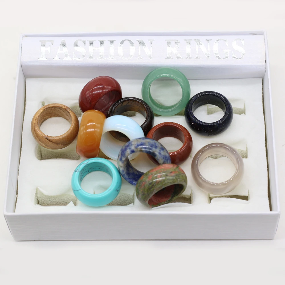 

Wholesale Natural Stone Agates Rings Charm Jewelry Two Kinds of Model Trendy Ring Gift for Women or Girlfriend 12mm Width