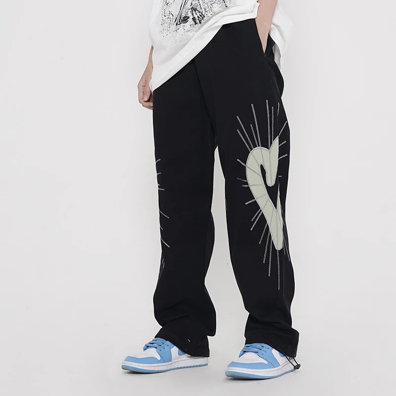 

High Street Drawstring Reflective Love Musical Pattern Cargo Pants Straight Feet Elastic Loose Casual Trousers