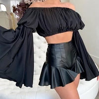 leather elastic shorts womens autumn black solid temperament was thin and high waist pu leather sexy ruffles slim short pants
