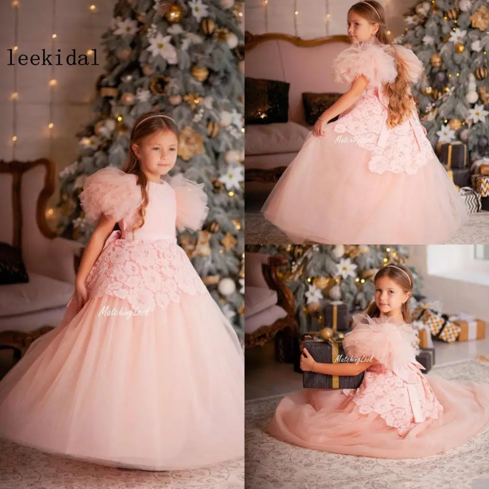 

Pink Tutu Flower Girl Dresses Floor Length Jewel Neck A Line Girls Princess Dress Custom Made Cute Christmas Gowns Appliques