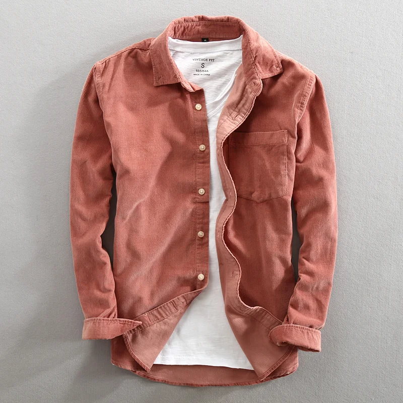 

Рубашка мужская Вельветовая, модная брендовая винтажная приталенная, повседневная, однотонная, в японском стиле, сине-красная, весна-осень