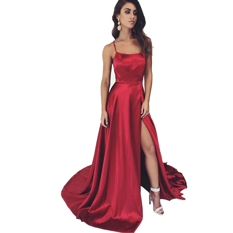 

Wine Red 2020 Long Evening Dresses Simple A-Line Cheap Prom Gown High Split Robe De Soiree Sexy Evening Gowns