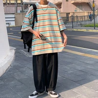 2022 new fashion korean apricot brown white blue purple striped oversized t shirt short sleeve harajuku tops man women clothing