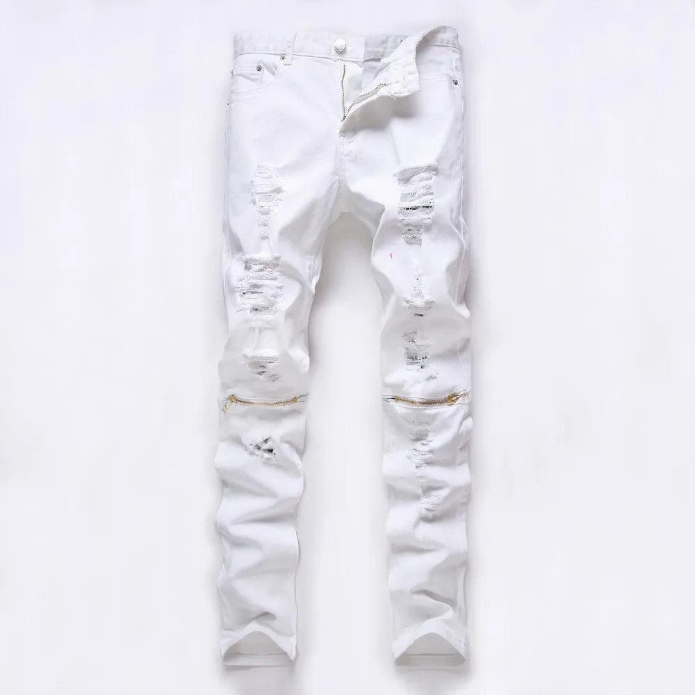 New Fashion Mens Ripped Biker Jeans 100% Cotton Red Black White Slim Fit Motorcycle Jeans Men's Skinny Hole Denim Joggers Pants