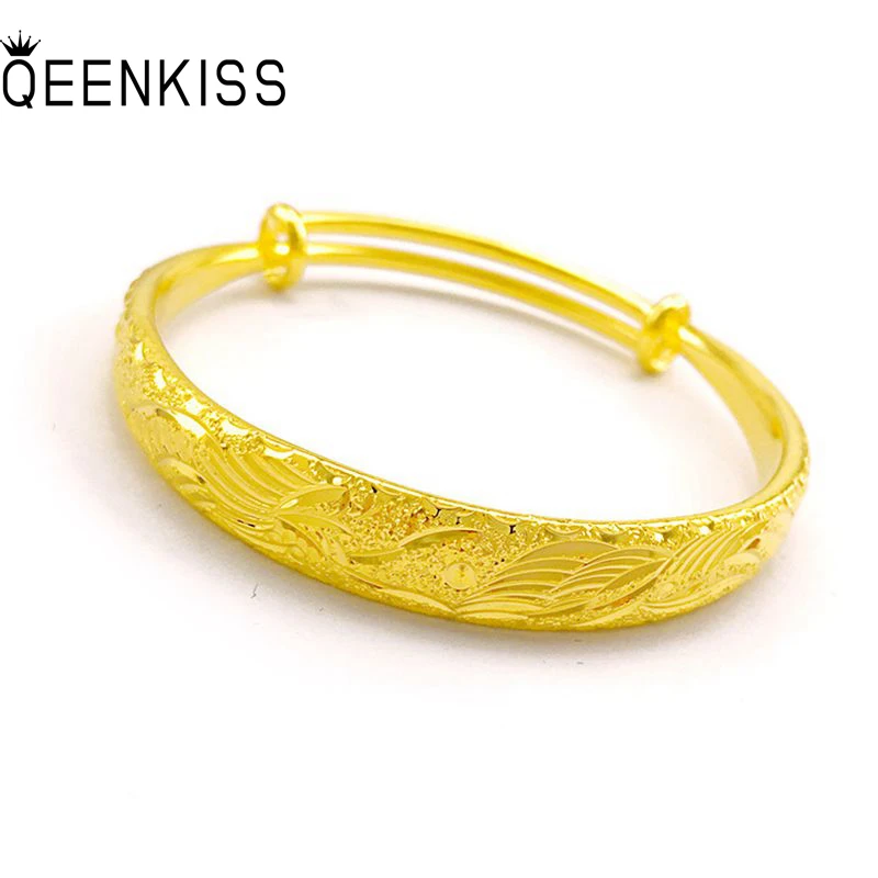 

QEENKISS BT564 Fine Jewelry Wholesale Fashion Woman Girl Birthday Wedding Gift Dragon Phoenix 24KT Gold Push-PullBracelet Bangle