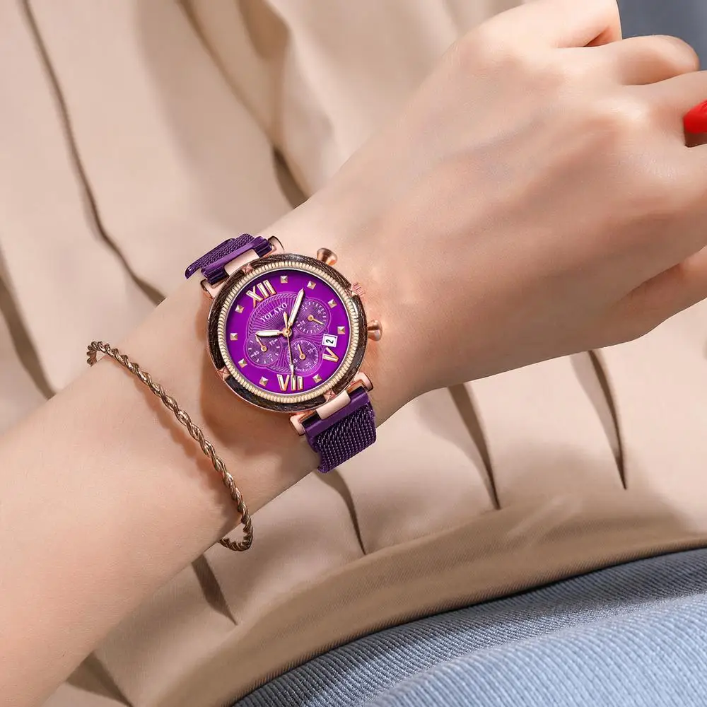 Reloj de pulsera de cuarzo con hebilla magnética para mujer, cronógrafo de lujo con esfera romana, oro rosa, púrpura