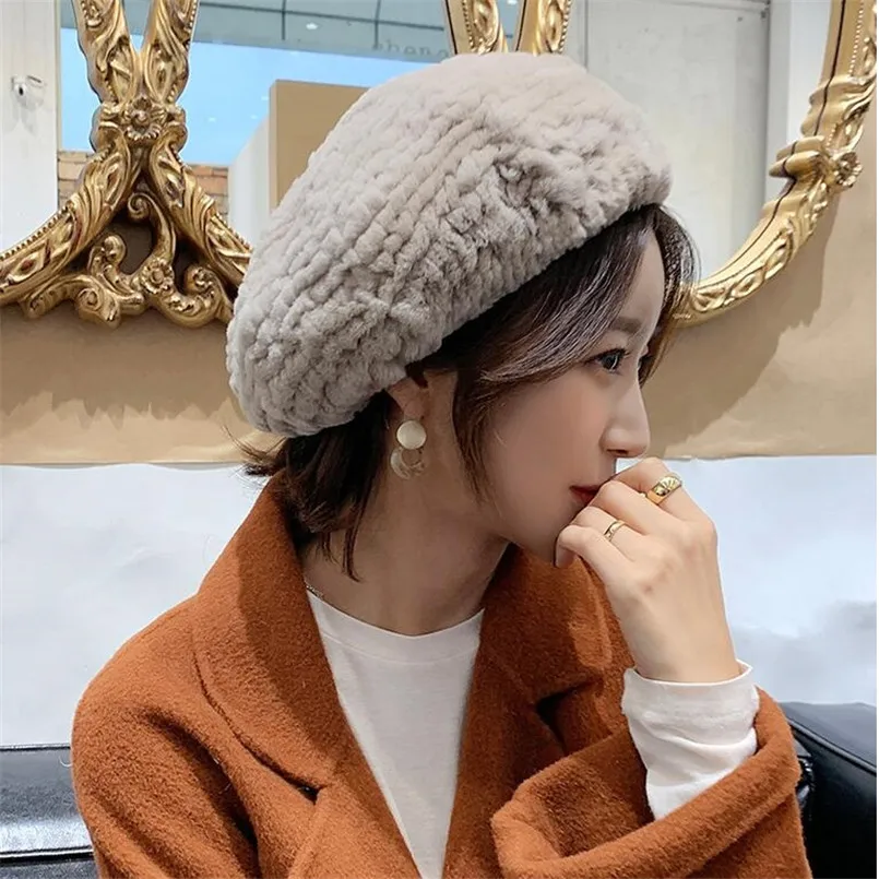 

Women's Fur Beret Hat High Quality Real Rex Rabbit Fur Fashon Warm Knitted Winter Girls Caps N2