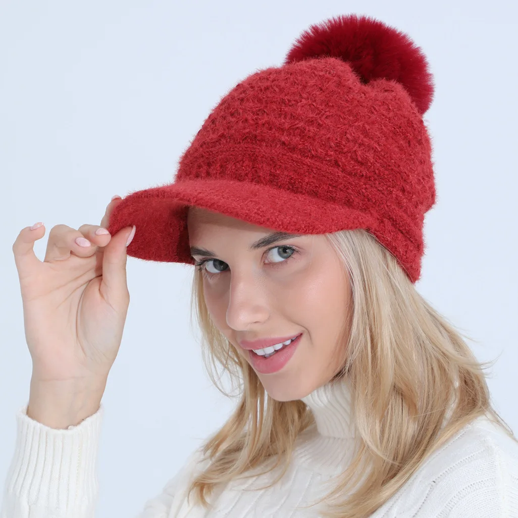 

New Pearl Plush Peaked Hat Women Winter Thermal Knitted Cap Windproof Solid Earmuffs Hat Autumn Female Wool Visor Cap