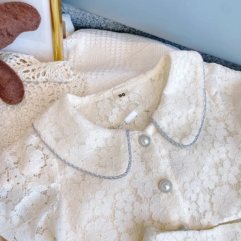 Комплект одежды для девочек новая модная розовая футболка с цветочным кружевом и