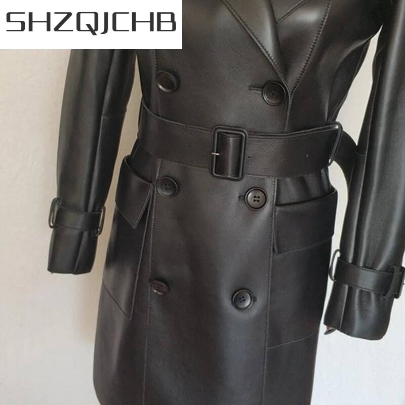 

JCHB 2021 Elegant Ladies Double Breasted Belted Slim Fit Long Trench Coat Women High Quality Sheepskin Genuine Leather Jacket Wi