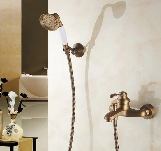 Single Handle Antique Brass Wall Mounted Bathtub Faucet with Handheld Shower Set +150CM Hose Mixer Tap 2tf302