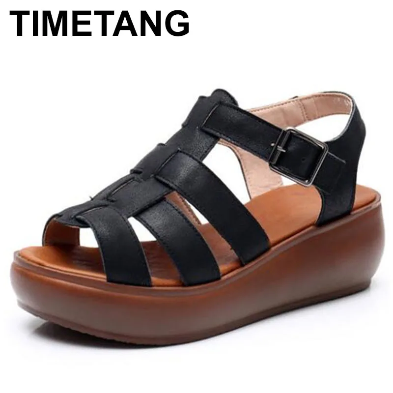 

TIMETANG2020 Genuine Leather Gladiator Sandals for Women Wedge Sandals Ladies High Heel Casual Platform Sandals Summer Shoes