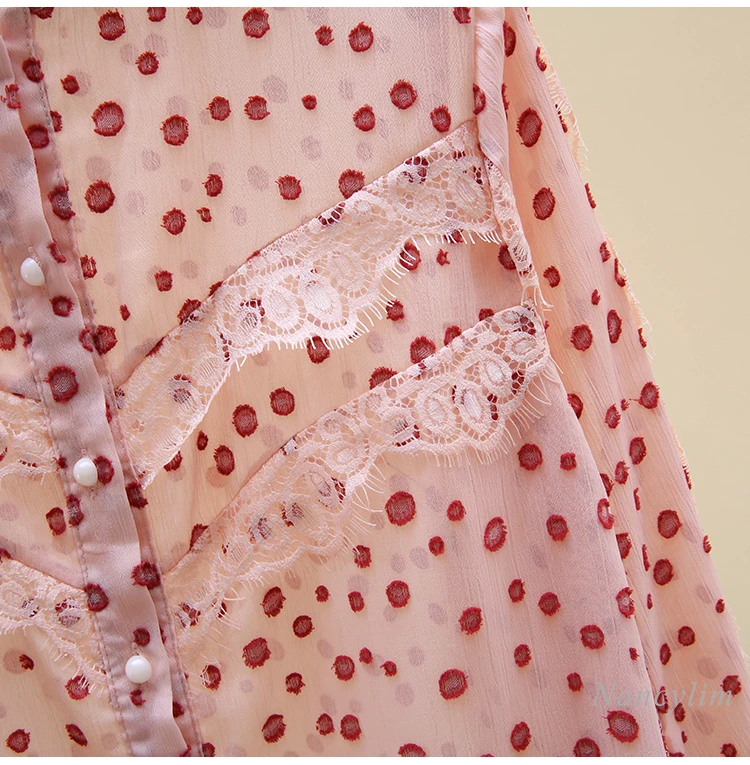 

2021 Spring Autumn New Lace Ruffled Stand Collar Chiffon Shirt Women's Long Sleeve Pink Polka Dot Blouse Girls Lady's Tops