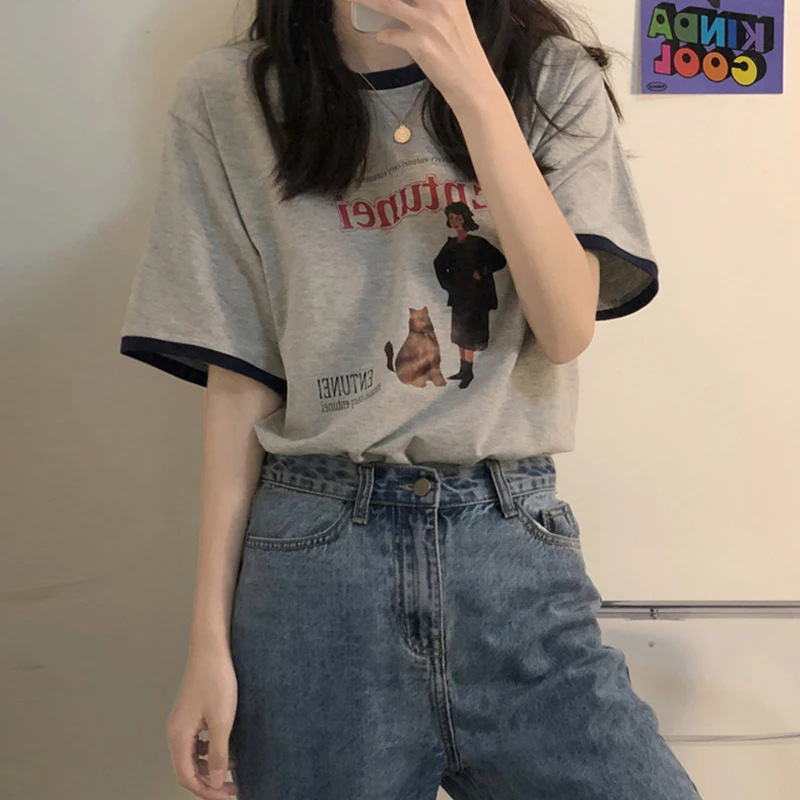

Grey Cotton Short-sleeved T-shirt Female Summer New Style American Retro Design Niche Clothes Trend