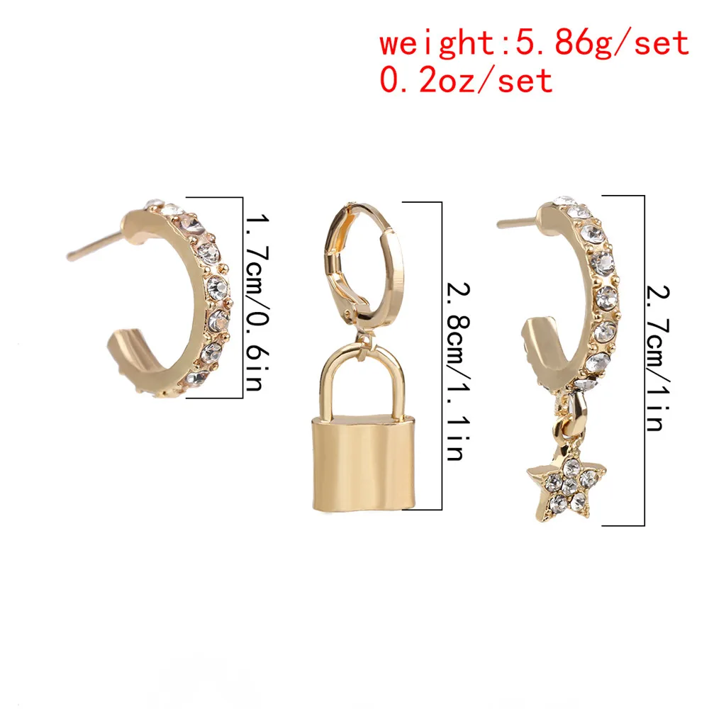 3Pcs/Set Shiny Crystal Star Lock Dangle Earrings for Female 2020 Trendy Tiny Charm Earrrings Set Party Jewelry Gift | Украшения и