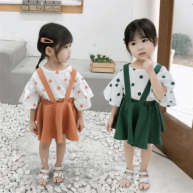 

2019 New Summer Baby Girl Flare Sleeve Polka Dot Print T-shirt Strap Skirts Cotton Casual Outfits Set