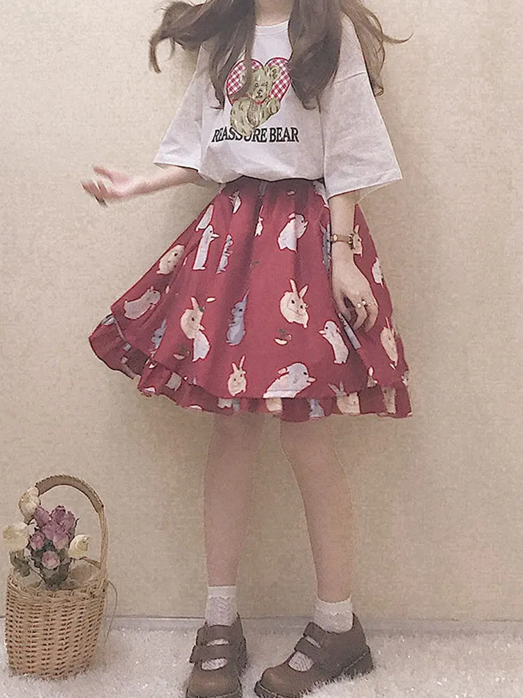 Red skirt Японская Милая юбка-пачка с кроликом для девочек, Harajuku, мягкие мини-юбки в стиле Лолиты с завышенной талией, милая красная юбка с оборками и кроликом, Черная - Цвет: Red skirt