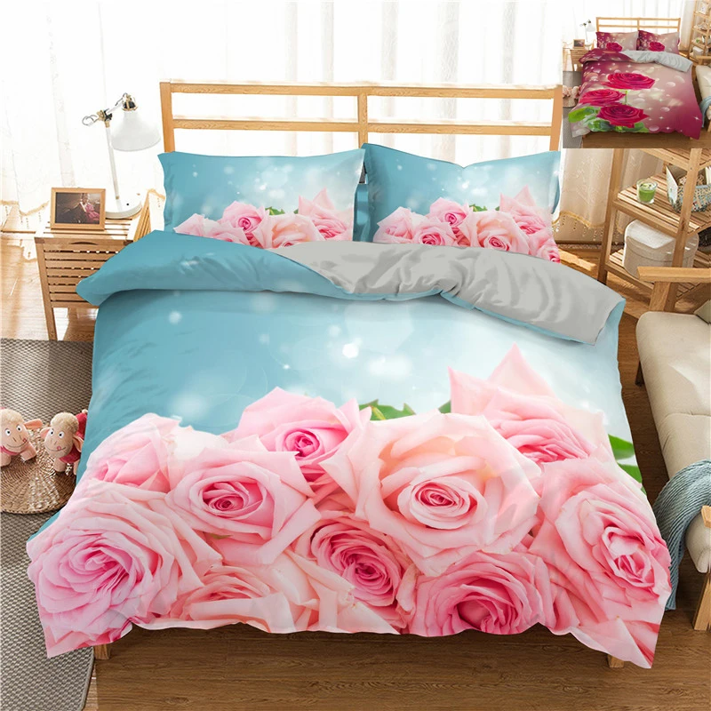 

3D Red Rose Bedding Set 2/3PC Flower Double Bed Quilt Cover Pillowcase Luxury Adults Home Textile Queen King Duvet Cover