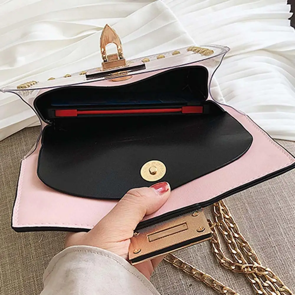 

Jin Mantang Brand Designer Woman 2020 New Fashion Messenger Bag Chain Shoulder Bag Female Rivet Transparent Square PU Handbag