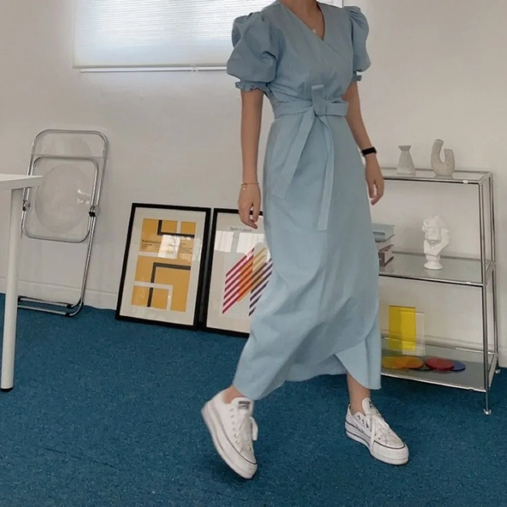 

Japanese Style Fashion Temperament Women's Dress 2021 Summer Casual Designer Bandage Irregular V-neck Puff Sleeve Solid Color