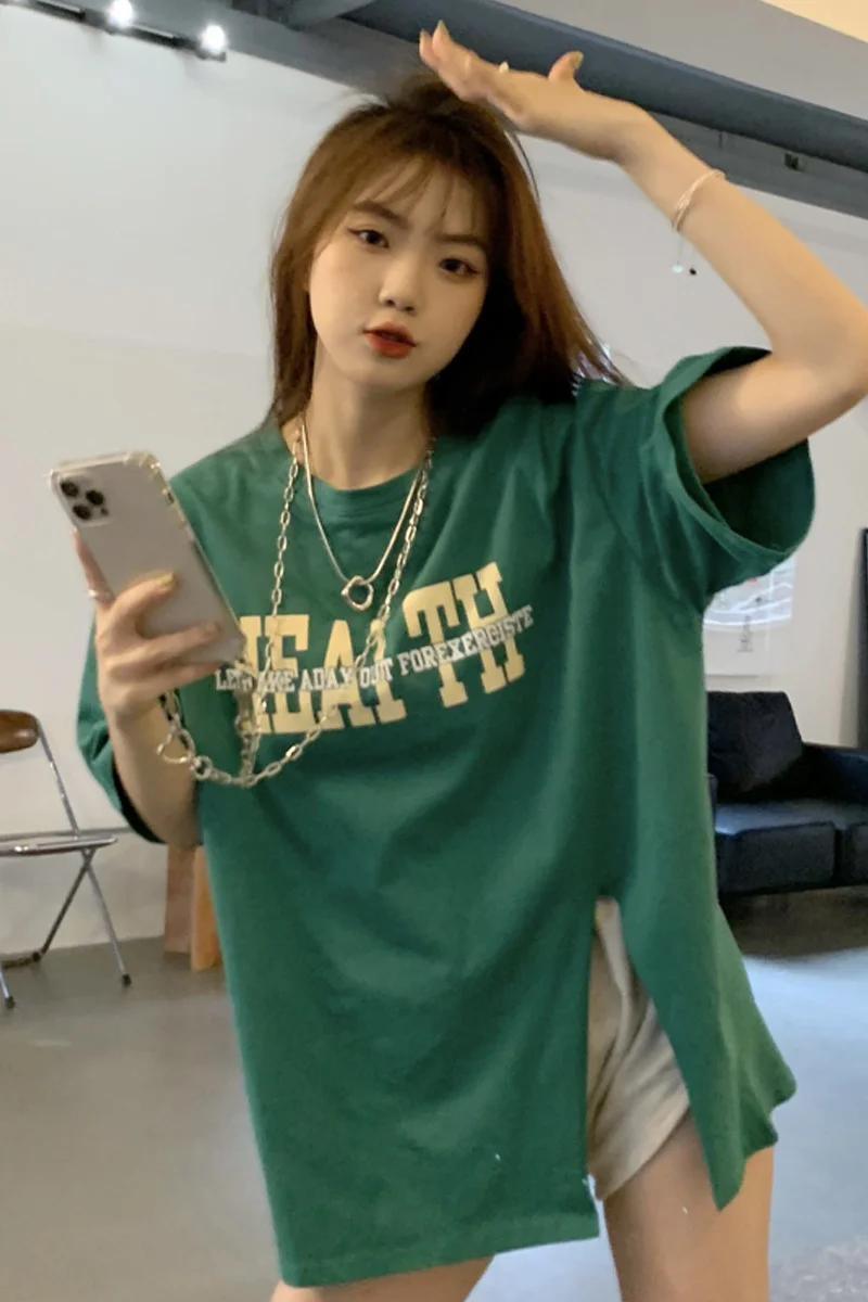 Футболка женская средней длины с коротким рукавом свободная Летняя одежда