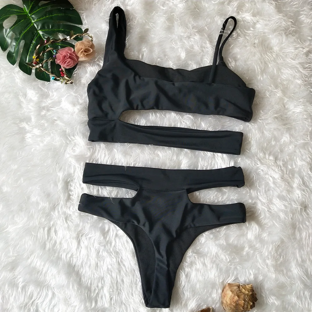 

White Black Sexy Cut Out Bikinis High Waist Swimwear Women Bathing Suit Bandgae Swimsuit Beach Thong Bikini Set