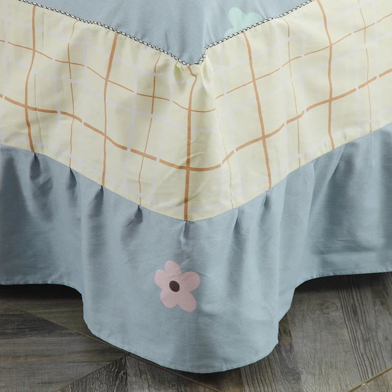 

100% Cotton 3pcs bed skirt Pillow cases flower girls sheet set single double queen king bed skirt pillow shams blue bedclothes