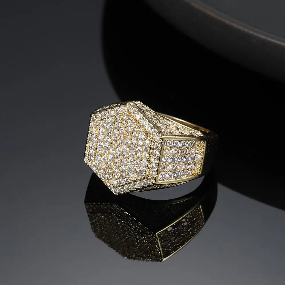 

Hip Hop Fashion Rings Copper Gold Silver Color Iced Out Bling Micro Pave Cubic Zircon Geometry Ring Charms For Men Women Gifts