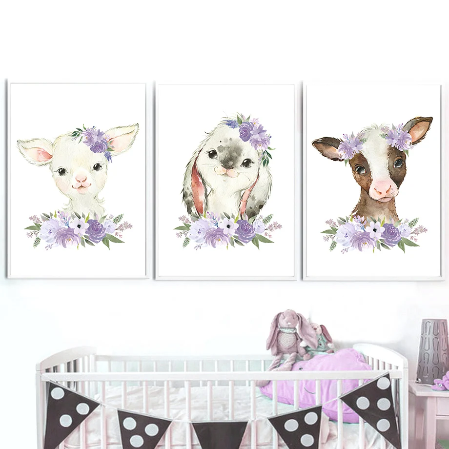

Rabbit Sheep Cow Pig Watercolor Animal Nursery Wall Art Canvas Painting Nordic Posters And Prints Wall Pictures Kids Room Decor