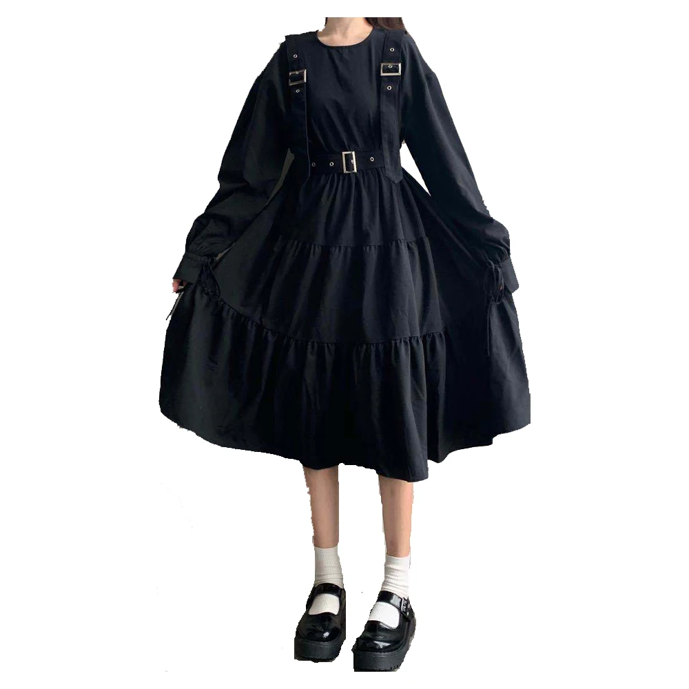

Girl Gothic Style Women Harajuku Lolita Kawaii Vestido Punk Cute Long Sleeve Black Midi Dress Oversized FS1245