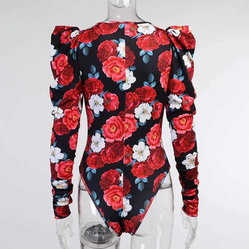 2021 Spring Elegant Boho Print Bodysuits Rompers Women Jumpsuits Puff Sleeve Skinny Sexy V-neck Bodies Ladies Casual Overalls mesh bodysuit