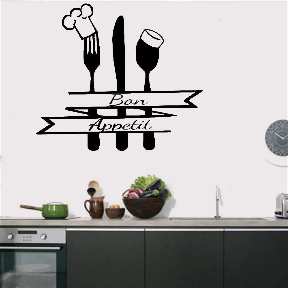 Французская Цитата Наклейка для кухонной стены Bon Appetit знак вилка ложка с поваром