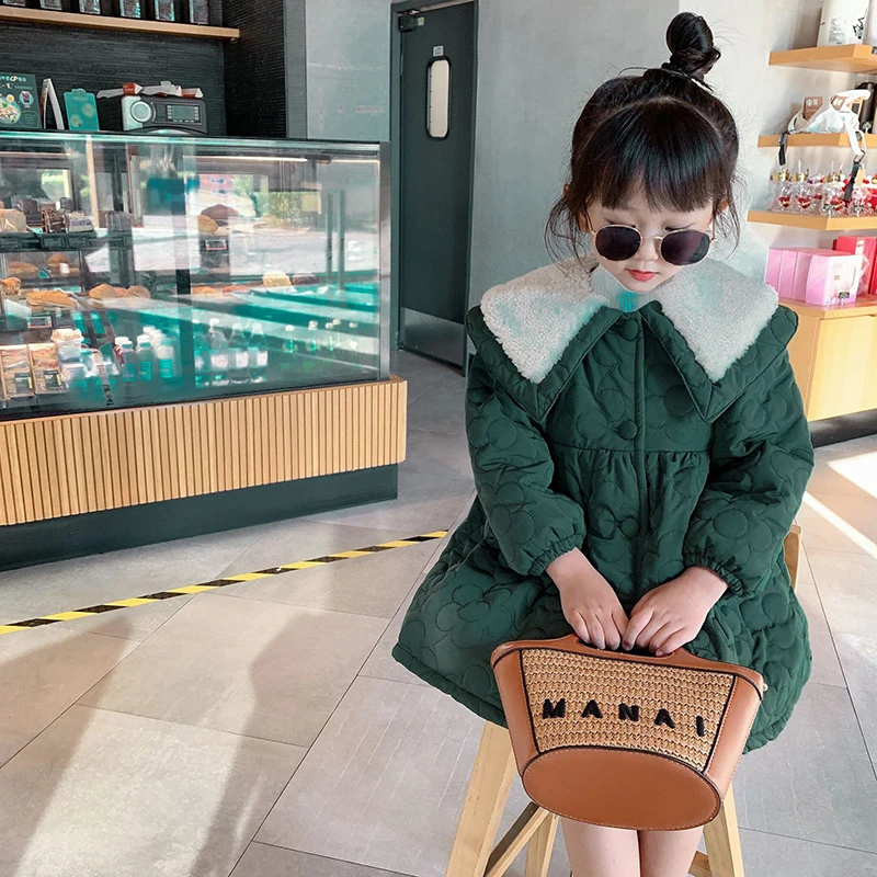 

Girls Thickened Warm Outerwear Dresses Autumn Winter Kids Vintage Dark Green Flower Princess Dresses 2-6 Years Children Clothes