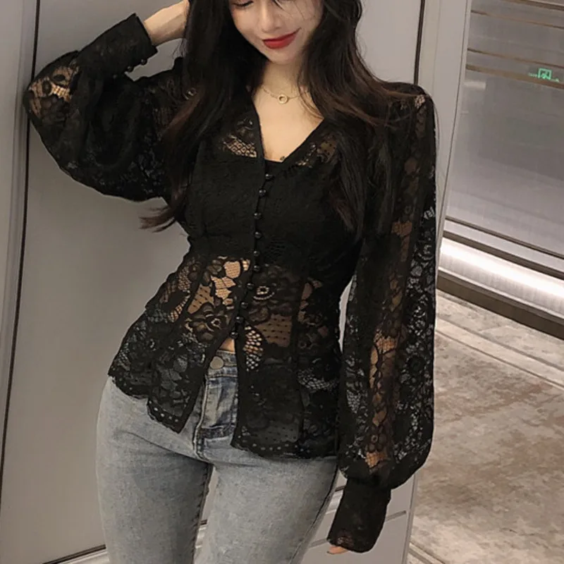 

XUXI Women Fashion Shirt Spring Autumn 2021 Sexy Lace Cardigan Retro Hollow Out Hook Flower Puff Sleeve Tops Blouses E700