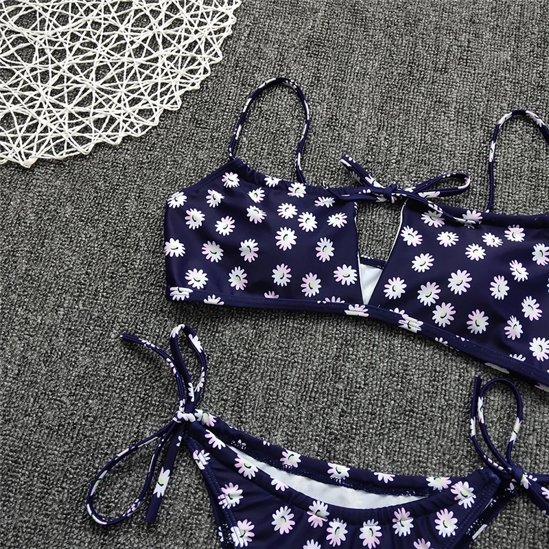 

New Sexy Front Keyhole Swimsuit Women Floral Print Swimwear Self Tie Beachwear S-L Girl Strappy Bathing Suit Micro Bikini Set