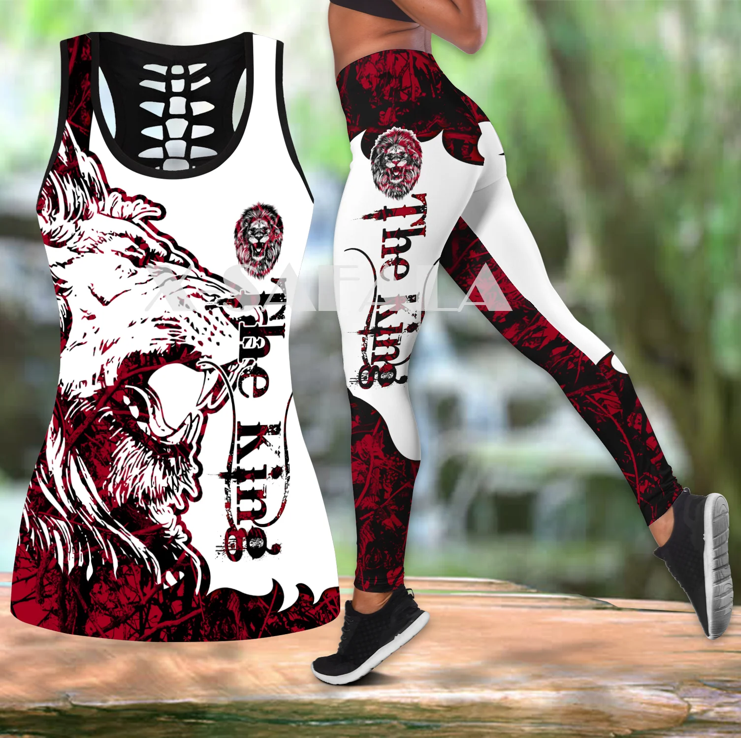 

The King Lion Tattoos Two Piece Yoga Set Women 3D Print Vest Hollow Out Tank Top High Waist Legging Summer Casual Sport