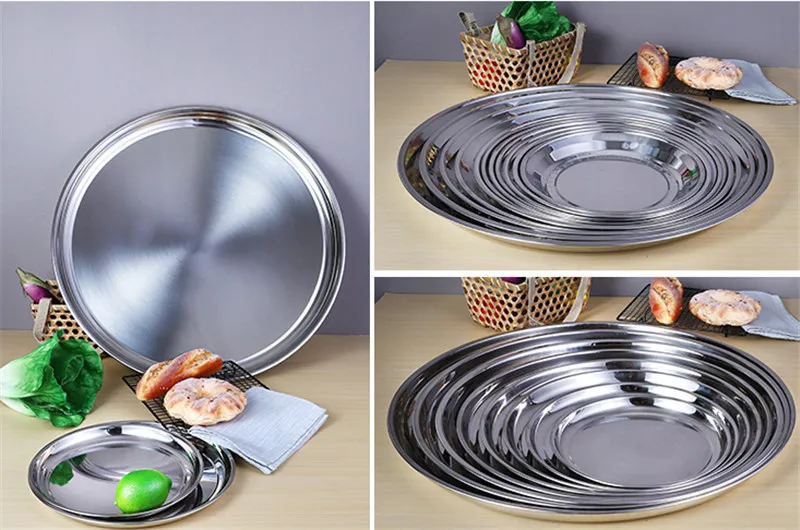 Толстая тарелка из нержавеющей стали круглая большая с плоским дном неглубокая