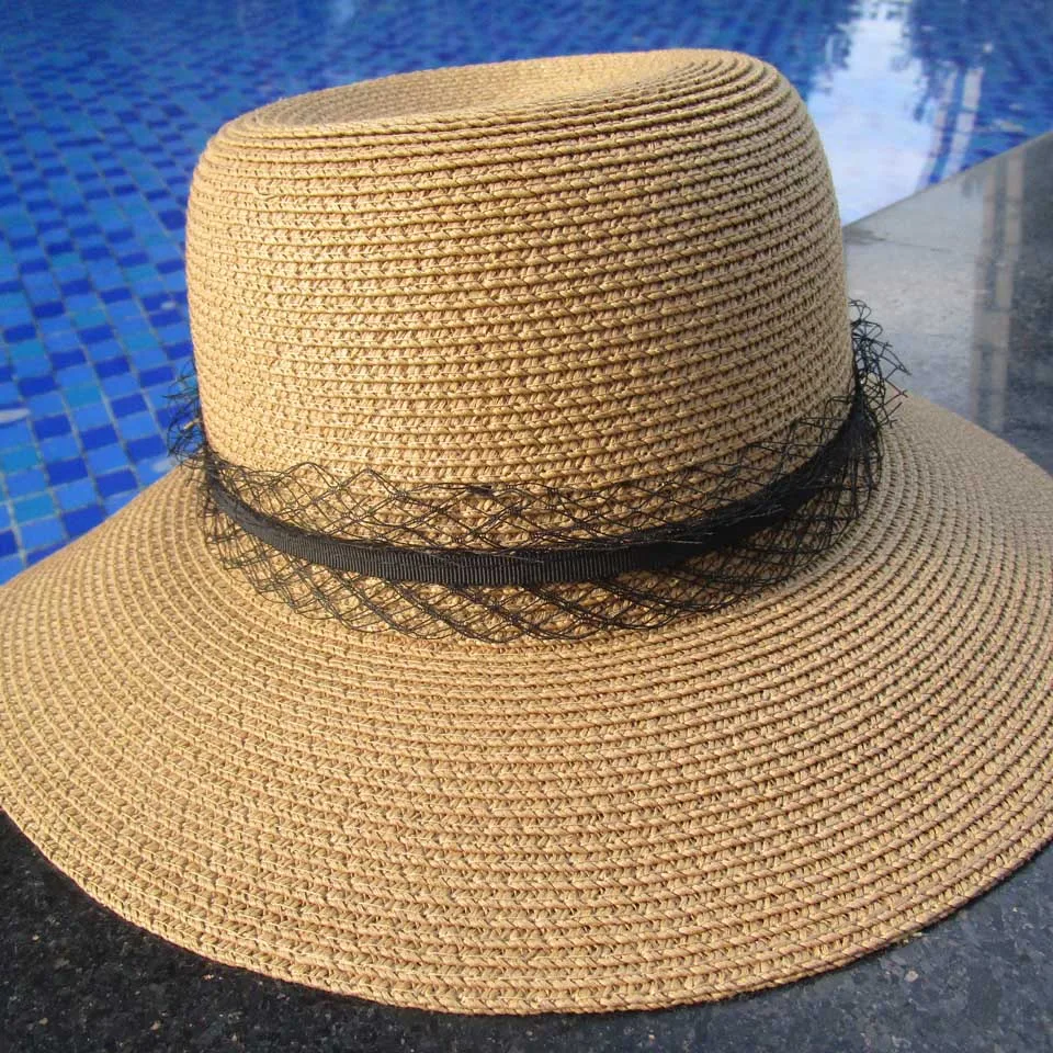 Женская летняя шляпа с широкими полями соломенная Черная кружевная пляжная