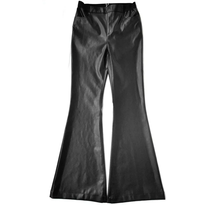 Womens Wrap PU Bell-bottoms Pants Fashion Elastic Waist Flare Pantalon Femme Autumn Faux Leather Wide Leg Trousers