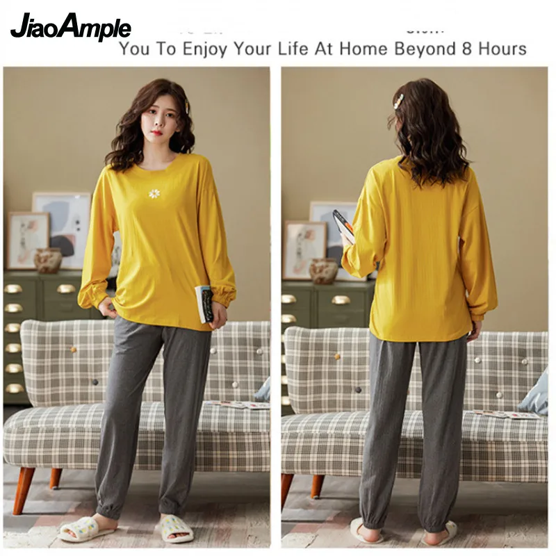 Pajamas Women Spring/Fall Cotton O-Neck Flower Long-Sleeved Trousers Pijamas Two Piece Suit 2022 New Cute Sexy Sleepwear