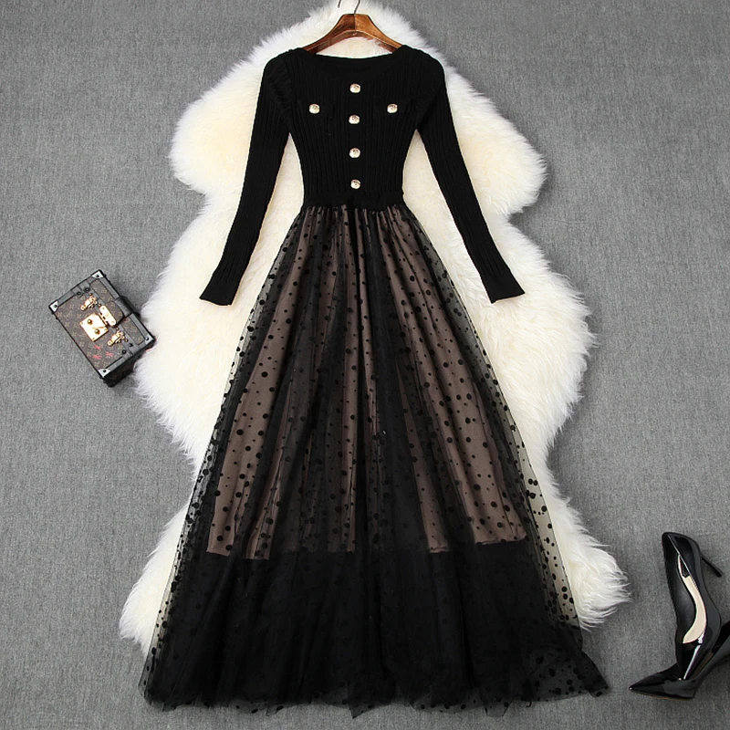 

New Spring Vintage O-neck Long Sleeve Knitted Mesh Patchwork Pleated Long Dress Women Elegant Buttons Polka Dot Maxi Dress