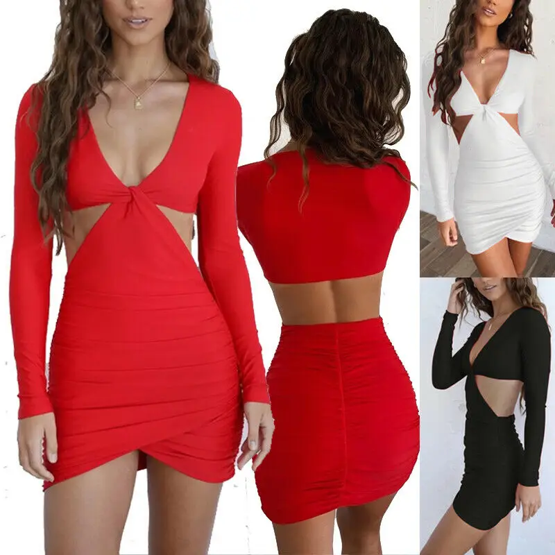 

Женское осеннее Бандажное сексуальное облегающее вечернее платье с длинным рукавом и вырезами на спине, повседневное коктейльное мини-пла...