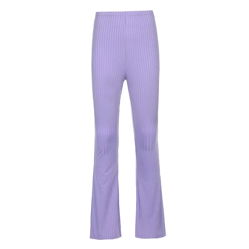 

Skinny Elastic Flare Pants Women Casual High Waist Long Trousers Laides Purple Ribbed Sweatpants Summer Streetwear