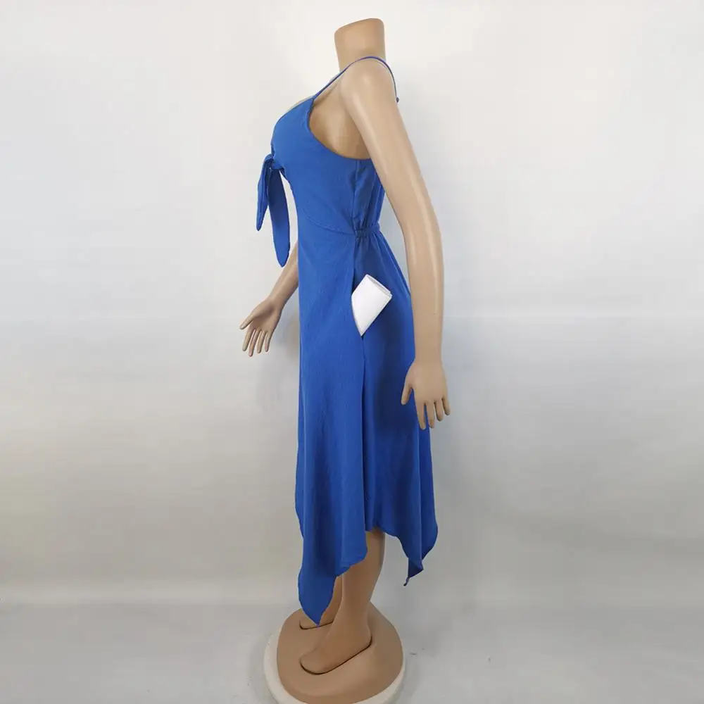 

2021 Fashion High Quality Women's Dress Women Spaghetti Strap Tie Up Front V Neck Dress Elegant Pocket Design Summer Work Dress