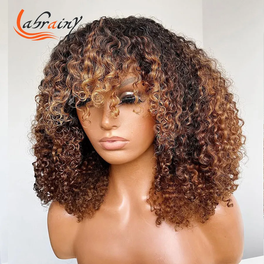 

Yaki Short Bob Highlight Honey Blonde Human Hair Wigs Kinky Curly Brazilian Ombre Brown Pre Plucked Baby Hair Full Mechine Made