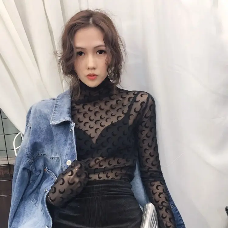 Прозрачный сетчатый сексуальный топ с принтом Луны для женщин круглым вырезом и