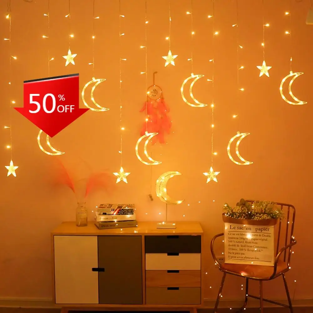 

EID Mubarak Moon Star Christmas Garland LED Curtain String Light Decorative Holiday Light Lamp Wedding Fairy Light Ramadan Decor